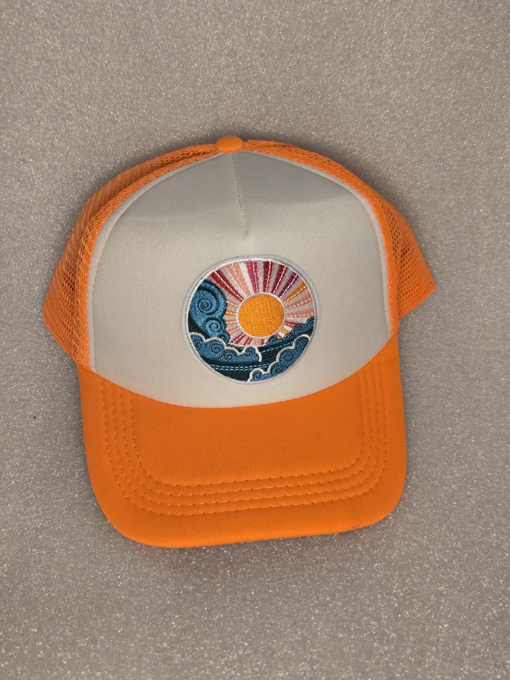 Orange & White Adult Trucker Hat with Sun Wave Patch